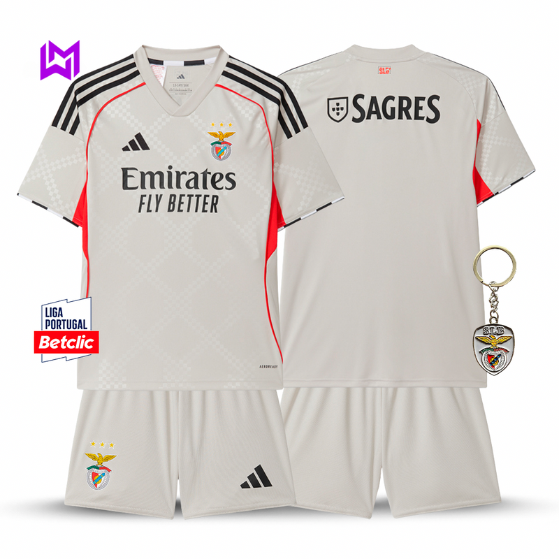 Conjunto Infantil Benfica Alternativa Bege 2025/26 - ÚLTIMAS UNIDADES! 🔥🦅