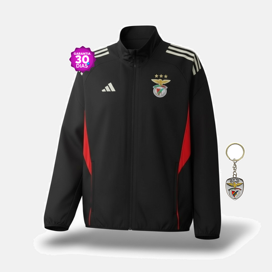 Casaco preto e vermelho 2025/26 fecho completo